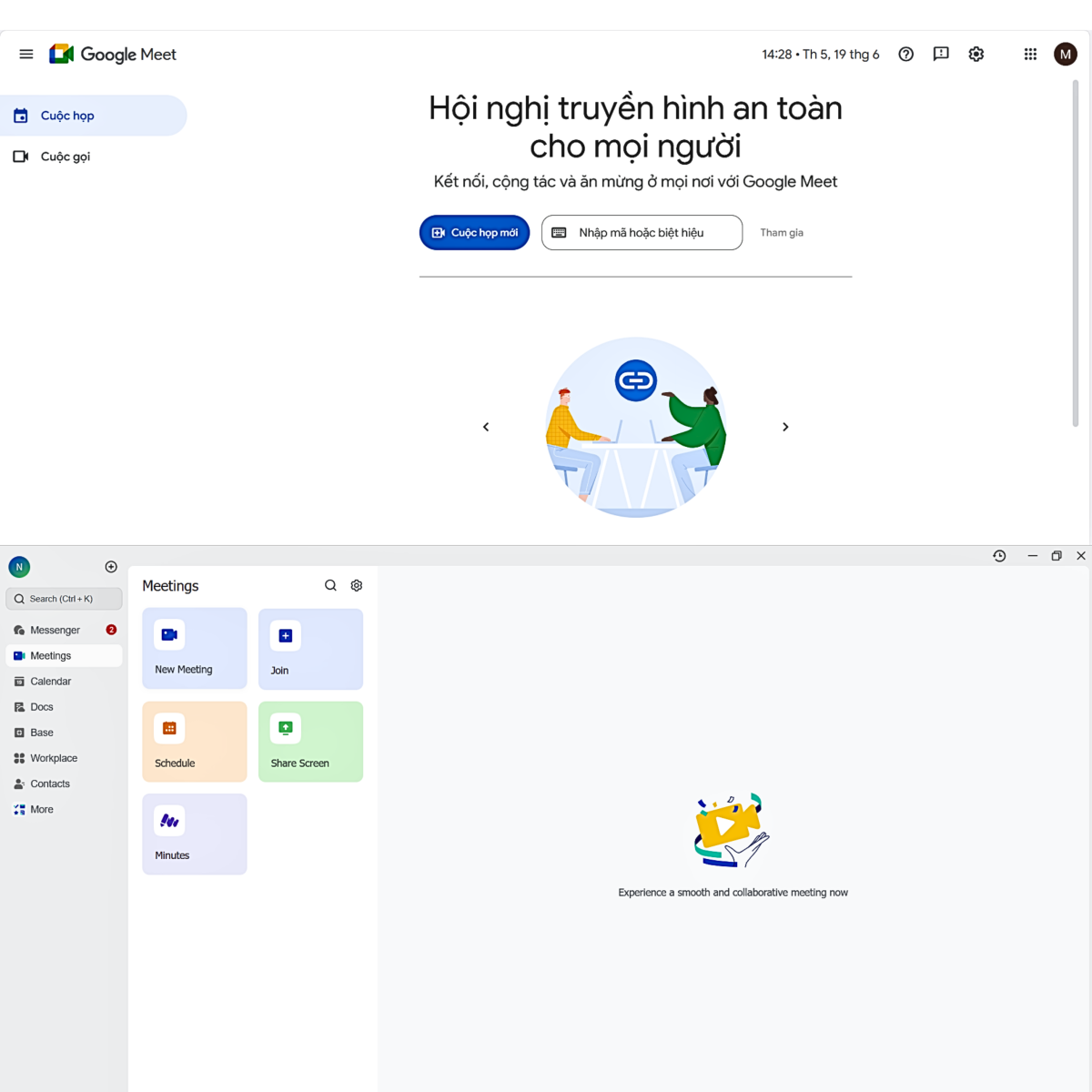 Giao diện làm việc của Lark Meetings và Google Meet