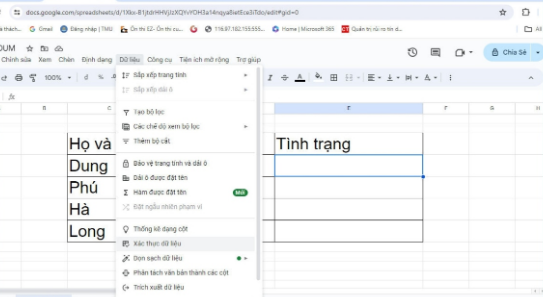 chọn Xác thực dữ liệu (Data validation)