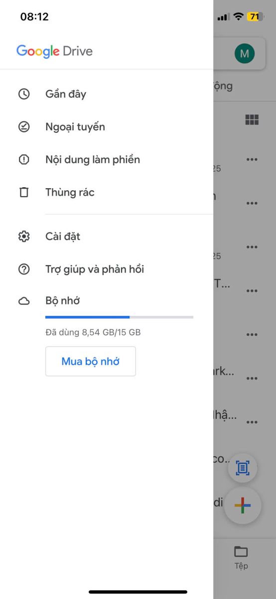 Mở ứng dụng Google Drive trên điện thoại chọn mua bộ nhớ